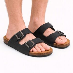 Size 13 George Men’s Black Two Strap Slide Sandals Buckle Comfort